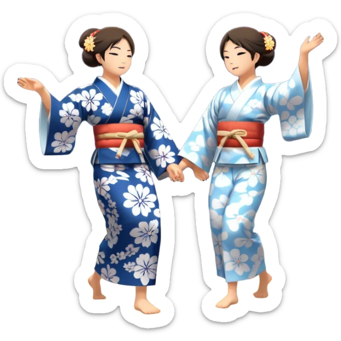 Cinematic Realistic scene of two performers engaging in Bon Odori, dressed in traditional yukata with intricate summer patterns, captured in graceful, rhythmic motion with warm, festive lighting sticker