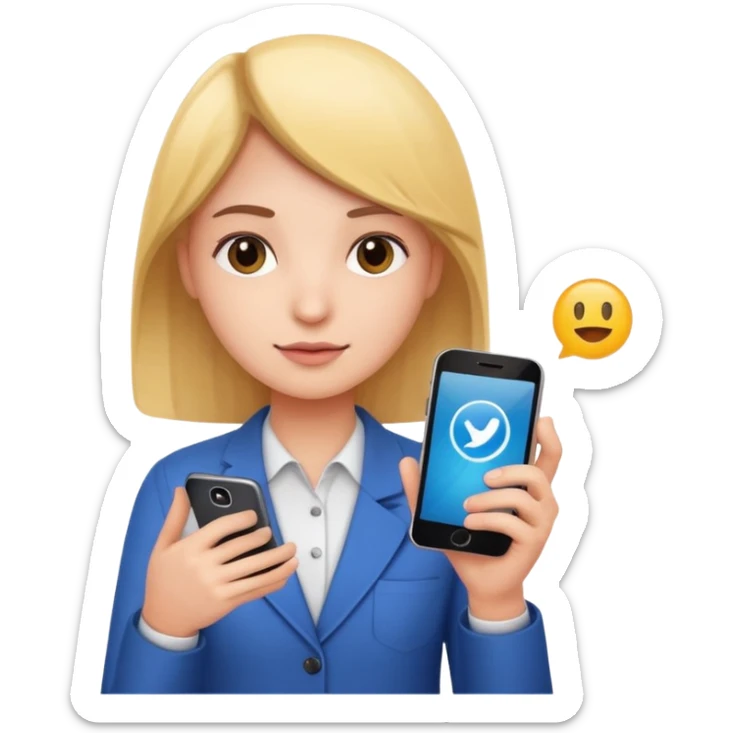 person holding a phone with graphs and social media symbols, emoji style sticker