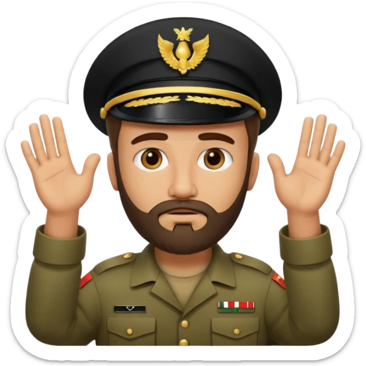 surrenders, depicts an Iraqi soldier from 1980, with a beard, a sad face and raised hands sticker