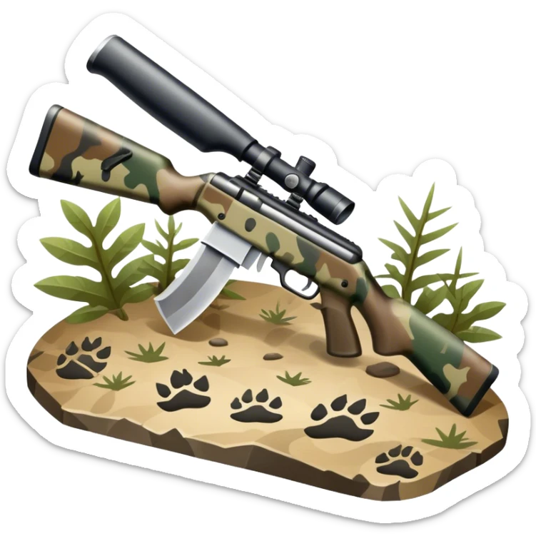 Icon for Hunting: a rifle, hunting knife and a set of animal tracks on the ground, surrounded by a camouflage pattern. The icon should represent the tools and spirit of hunting. Transparent background. sticker