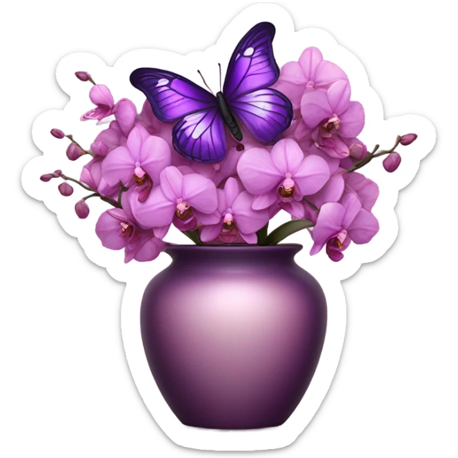 Aesthetic butterfly with purple and pink wings sitting on a dark purple bouquet of Orchids in a pastel pink vase sticker