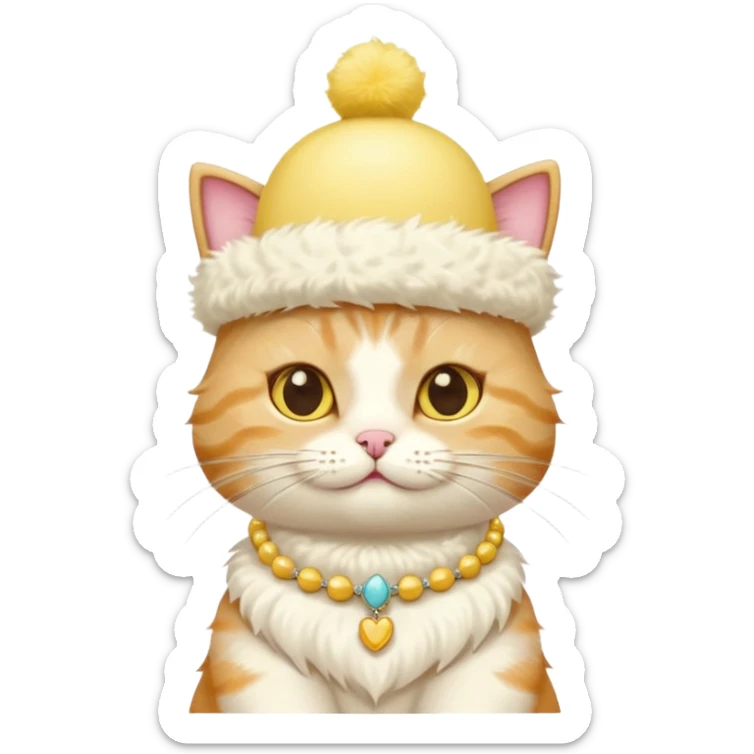 cat wearing a creamy cake hat with fun necklace around his neck and a yellow bow in the middle sticker