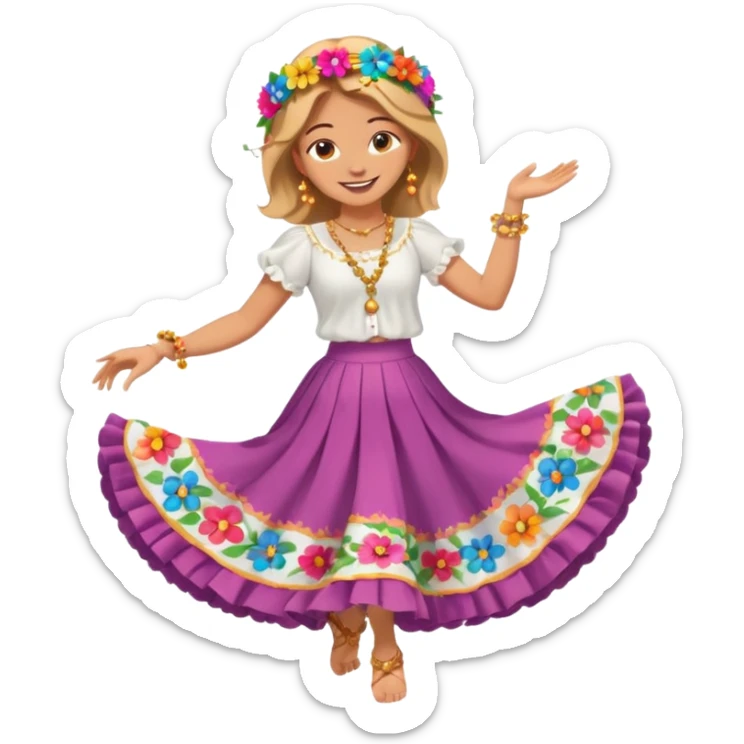 smiling barefoot woman dancing in a colorful wide skirt, flower headpiece, white blouse, and golden rosary sticker
