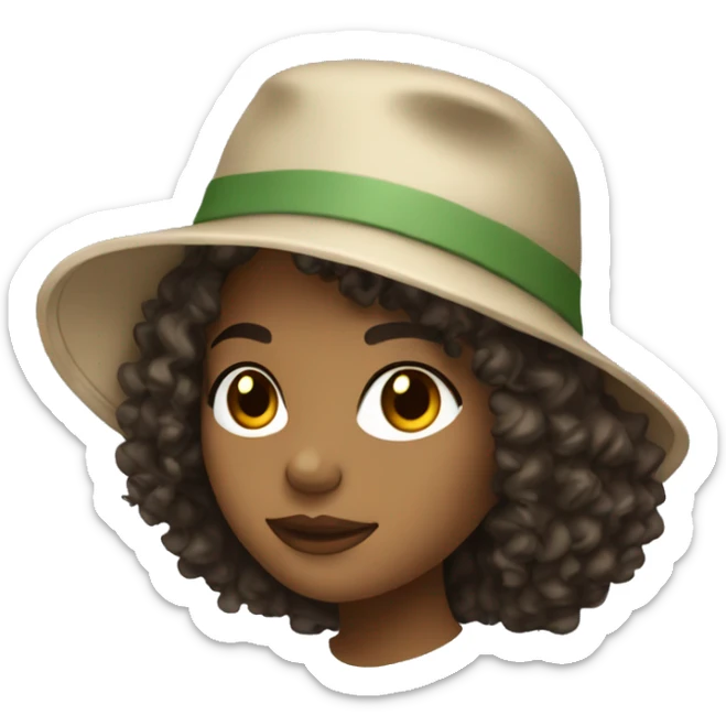Dominican Girl with curly hair wearing a bucket hat and holding a glass sticker