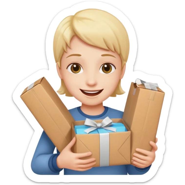 glückliche Person, die ein Paket hält, freundlicher Gesichtsausdruck, Paket in beiden Händen, neutraler Hintergrund sticker