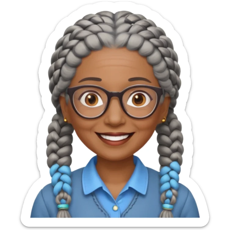 Older woman of color with gray braids, glasses and smiling sticker