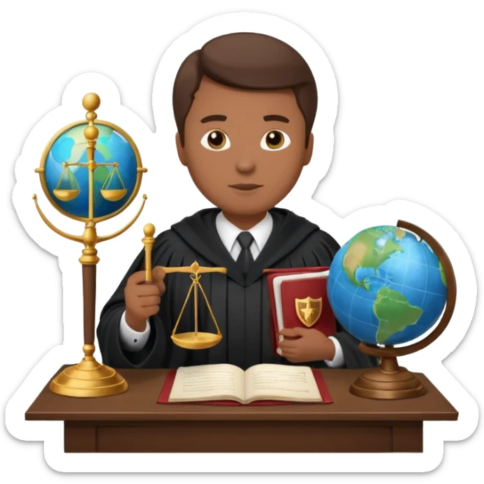 Create emojis representing:

A lawyer (legal profession symbol)

Scales of justice

Pen and paper (court documentation)

Globe (international cases)

Shield (rights protection)

Document (court ruling)

Speech bubble (negotiations/discussions)

Figure in judge's robe sticker