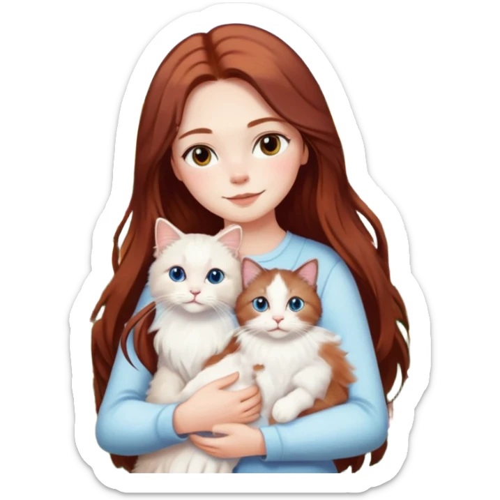 A woman with long dark auburn hair holding a white ragdoll cat in a field of flowers sticker