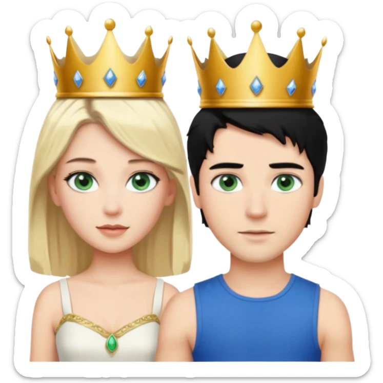 Prince with crown, black hair, blue eyes, woman blonde hair, green eyes, sexy white short sleveless dress,  sticker