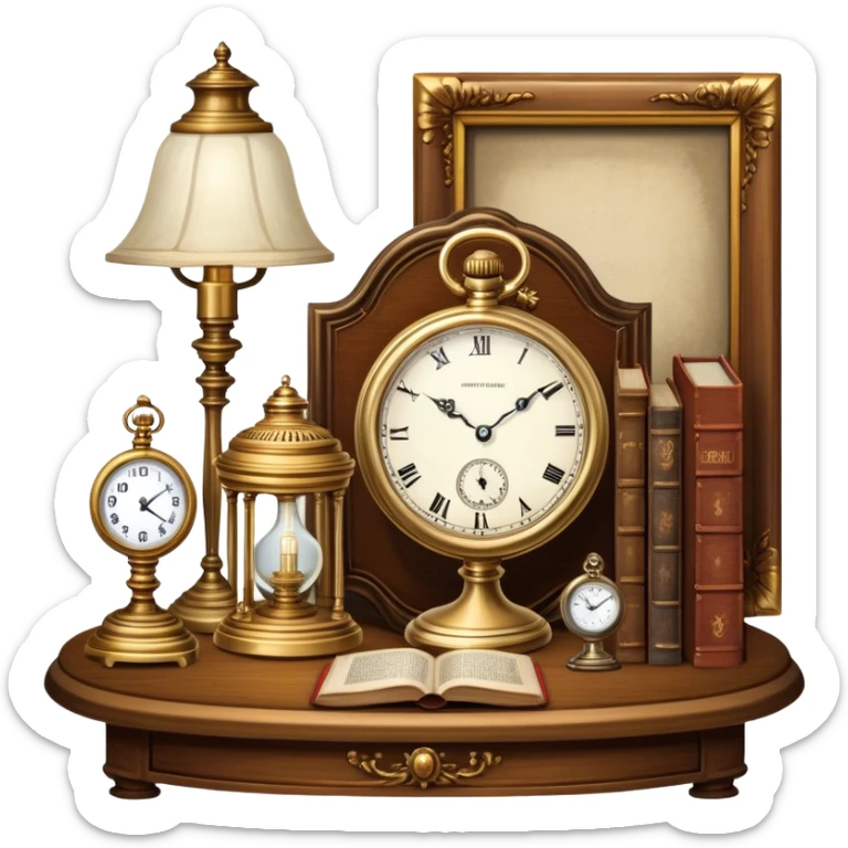 Icon for Antiques Collecting: antique furniture , a vintage pocket watch, an old ornate lamp and a porcelain figurine, all placed on a wooden antique table surrounded by aged books and a magnifying glass. The icon should evoke the elegance and history of antique collecting. Transparent background. sticker