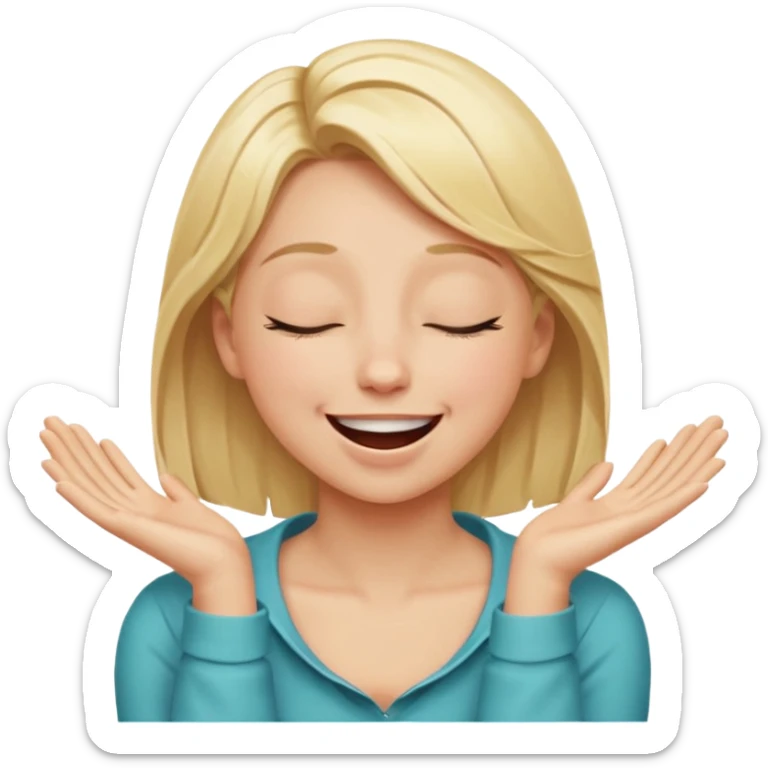 Happy blonde girl with eyes closed and mouth wide open and hands cupped around her neck - her eyes are squinty with excitment mo sticker