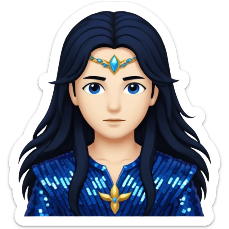 Zephyr, God of West Wind from Gods and Goddesses with long jet black hair, dark blue sequin outfit sticker