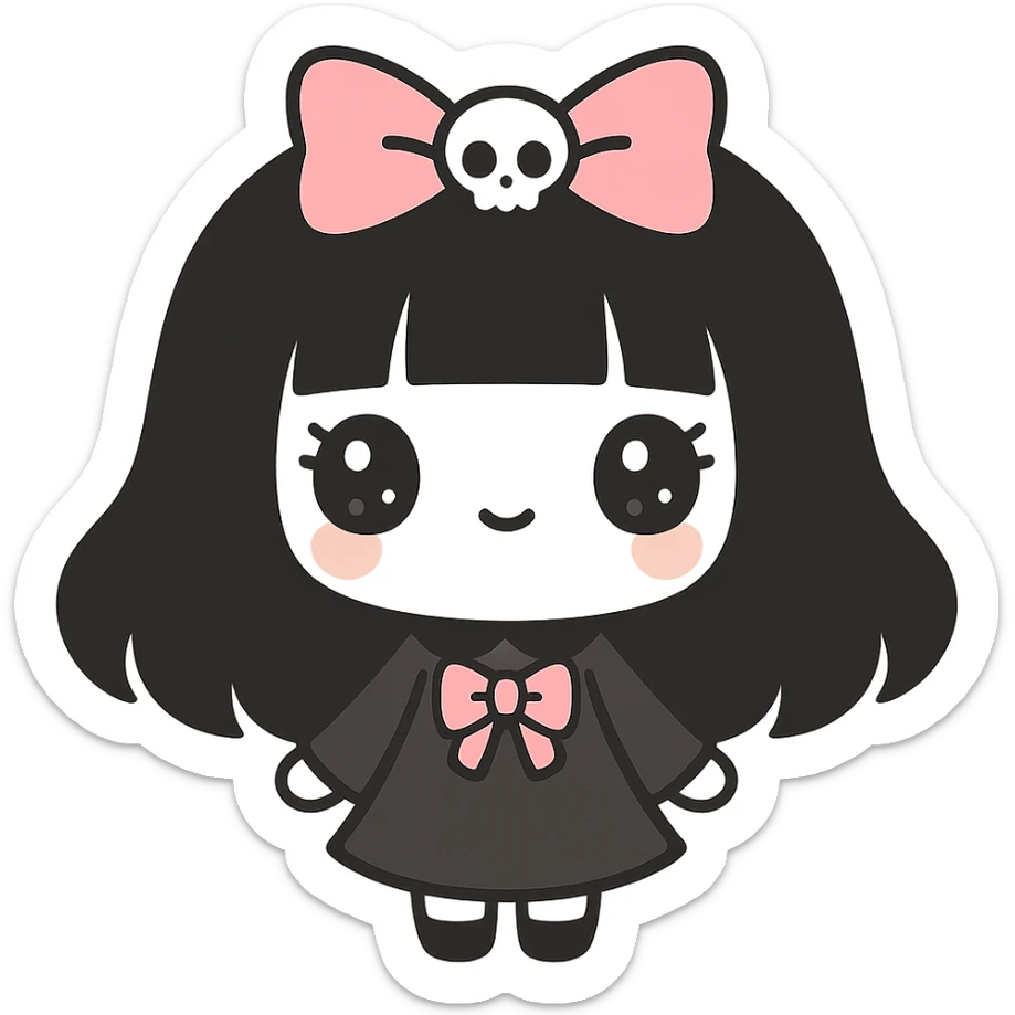 kawaii gothic girl with pink bow and skull charm, gothic style, big eyes, dramatic details sticker