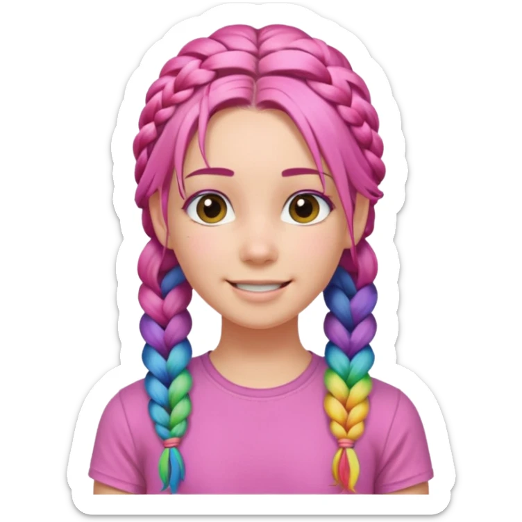 Woman with braided rainbow hair, happy — long braids, pink shirt sticker