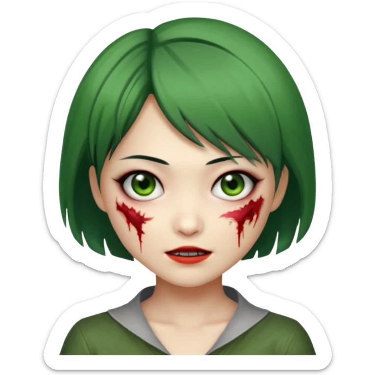 sweet Asian zombie girl emoji, short Ada Wong style hair, green skin, stitched cheek, mischievous grin sticker