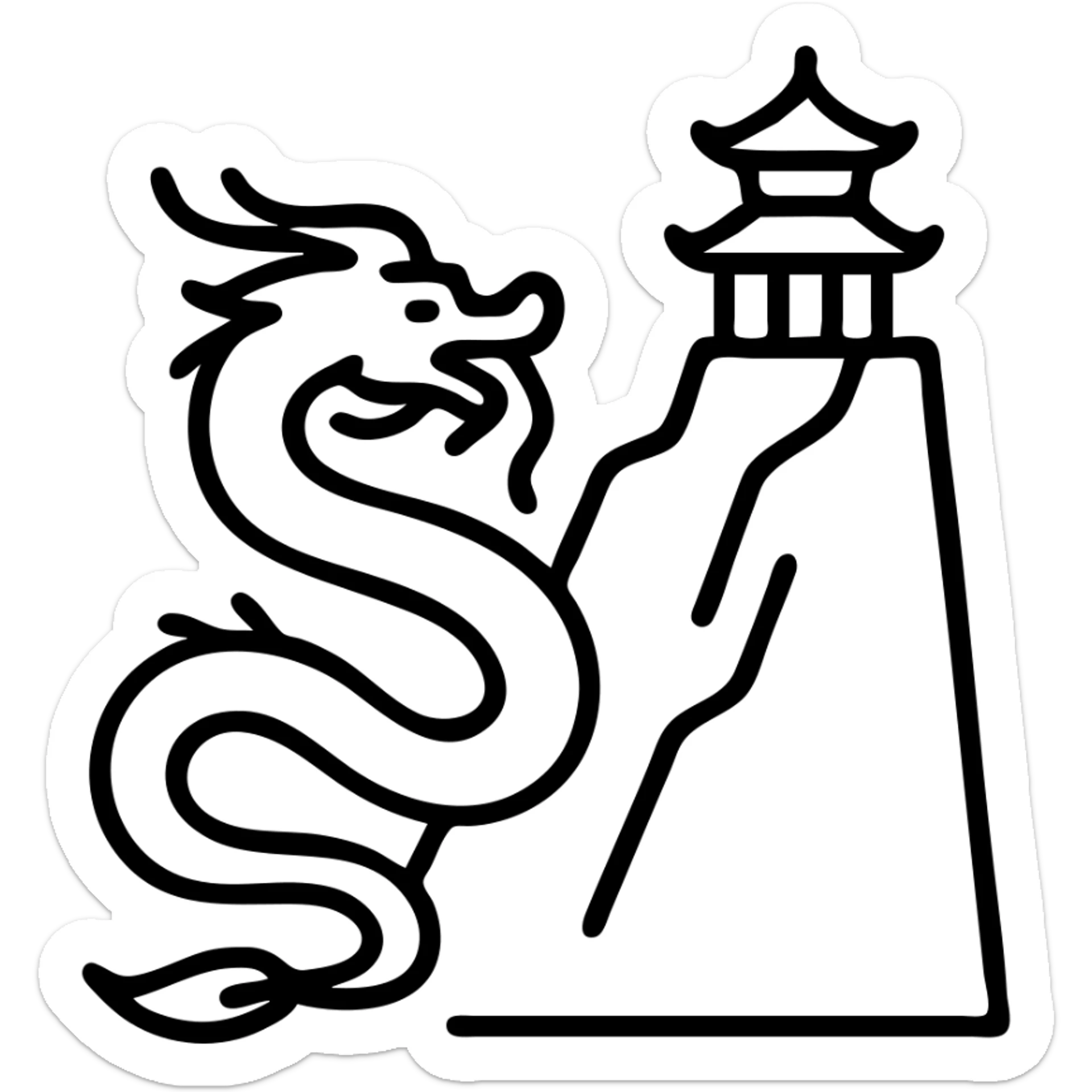Chinese dragon with whiskers winding up a mountain cliff with a traditional temple perched on top sticker