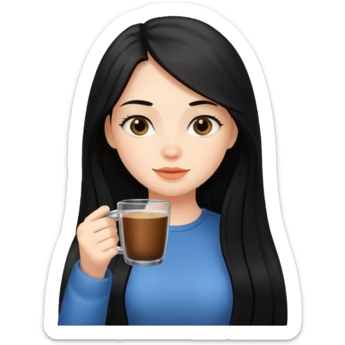 cute girl with black long hair drinking coffee in a glass sticker