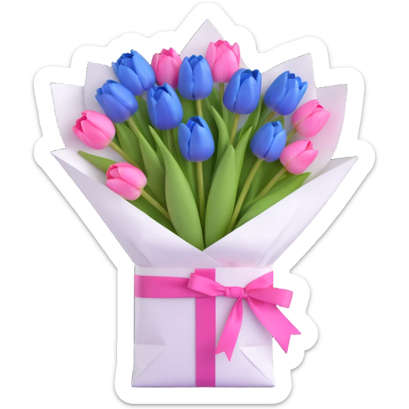 a bouquet of blue tulips in a white paper bag tied with a pink ribbon, soft pastel blue colors, gentle shadows, clean and minimalistic design, 3D iOS emoji style sticker