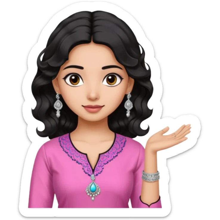 a pretty bratz fair indian girl wearing a pink kurti,  Silver jhumkas, black wavy hair sticker