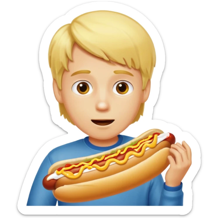 A boy taking a huge bite of a hot dog loaded with mustard and relish.





















 sticker