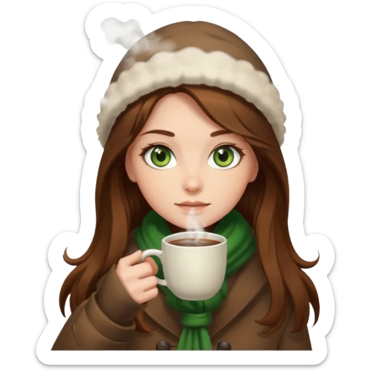 Girl green eyes brown long hair with brown-white winter clothes with coffee in her arms sticker