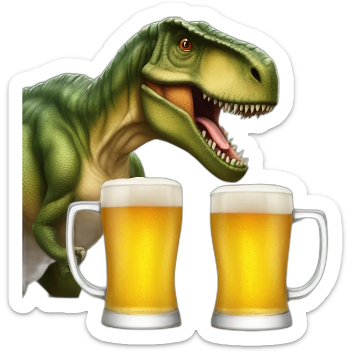 a tyrannosaurus with two mugs of beer sticker
