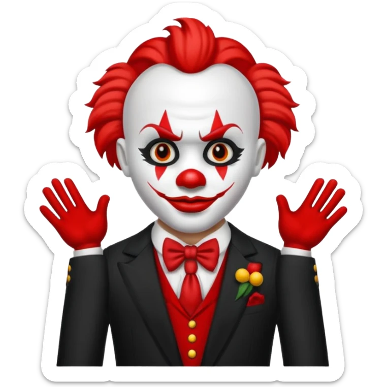 Crea un payaso con cara blanca que tenga en la frente una a en la cabeza, tengo unos cuernos negros y que en el cuerpo tengo un traje negro con rojo sticker