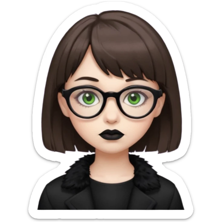 girl that has brown shaggy cut hair with baby bangs, has green eyes and wears glasses, she is goth  sticker
