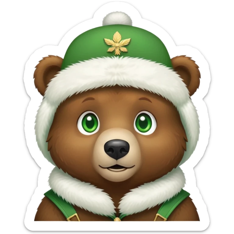 Adorable brown bear with green eyes, white furry ushanka with clear Russian Federation emblem centered on front, minimalist iOS emoji style sticker