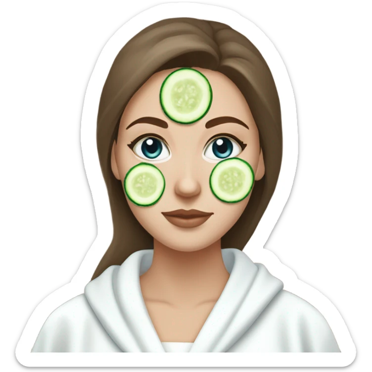 White girl with Brown hair and blue eyes wears a Green colored skincare clay textured mask and puts on cucumbers around her eyes while She relaxes in her white Robe sticker