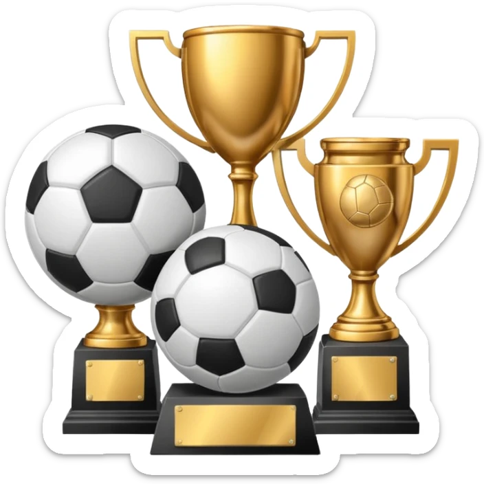 a basketball, soccer ball, volleyball, and a football all mixed with one trophy for a store logo sticker