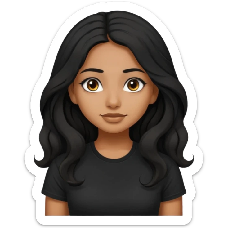a pretty tan indian bratz girl. eyeliner on, wearing a black tshirt. wavy long BLACK coloured hair sticker