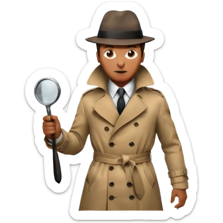 Icon for Detective Movie: A vintage movie poster-style design of a mysterious detective in a trench coat, holding a magnifying glass. Include dark alleyways, fog, and shadowy figures. The design should evoke a classic noir detective story with retro cinematic typography. Transparent background. sticker