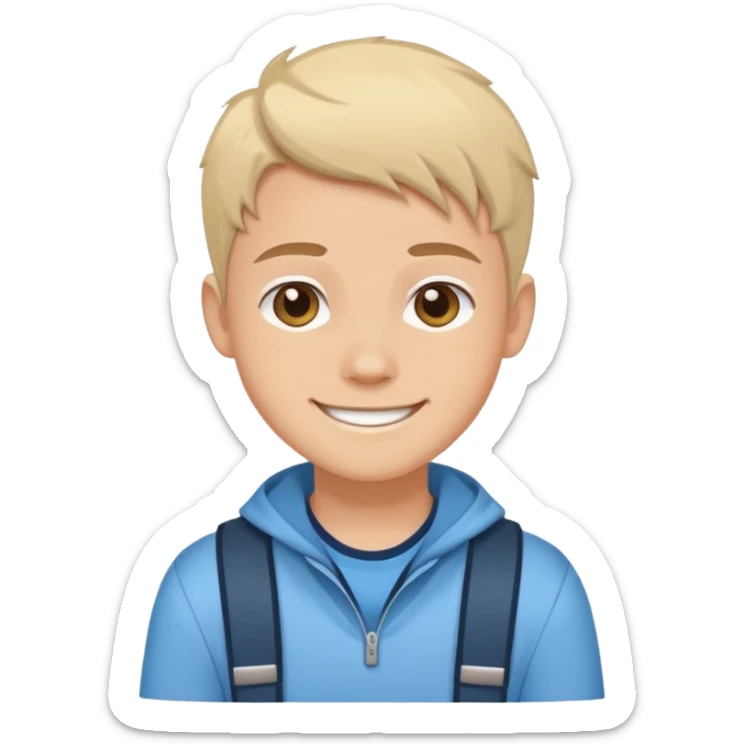 Cartoon avatar sticker of a young person, friendly smile, modern outfit, clean vector illustration, thick outline, flat colors, simple background, sticker style, high quality, transparent background sticker