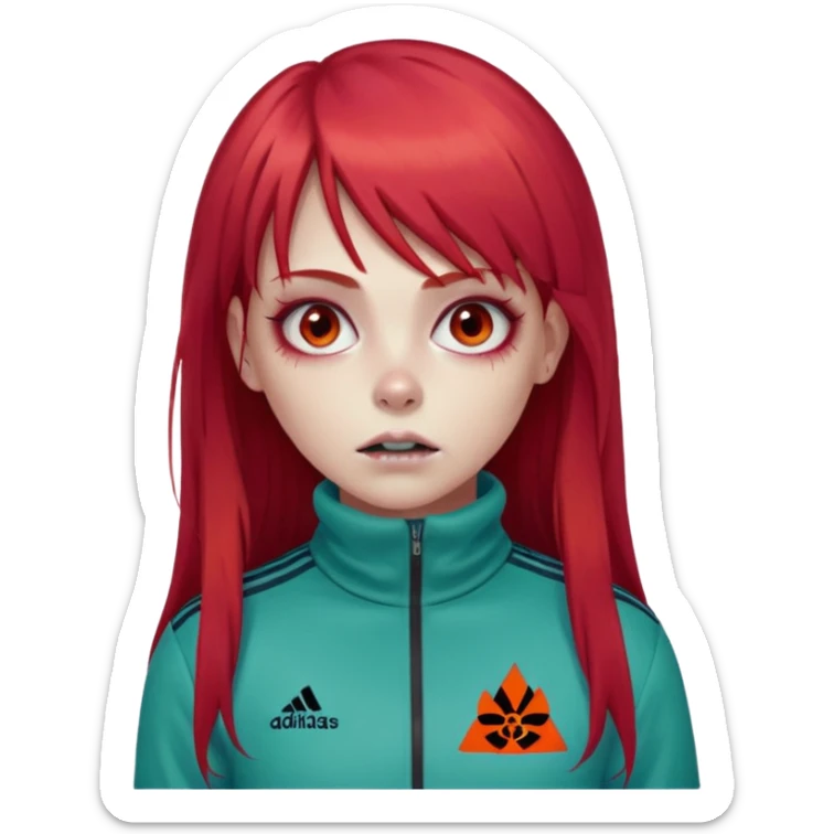 Crie um emoji de uma menina com bochecha gordinha com o cabelo vermelho longo com uma franja reta zumbi casaco de gola alta da adidas sticker