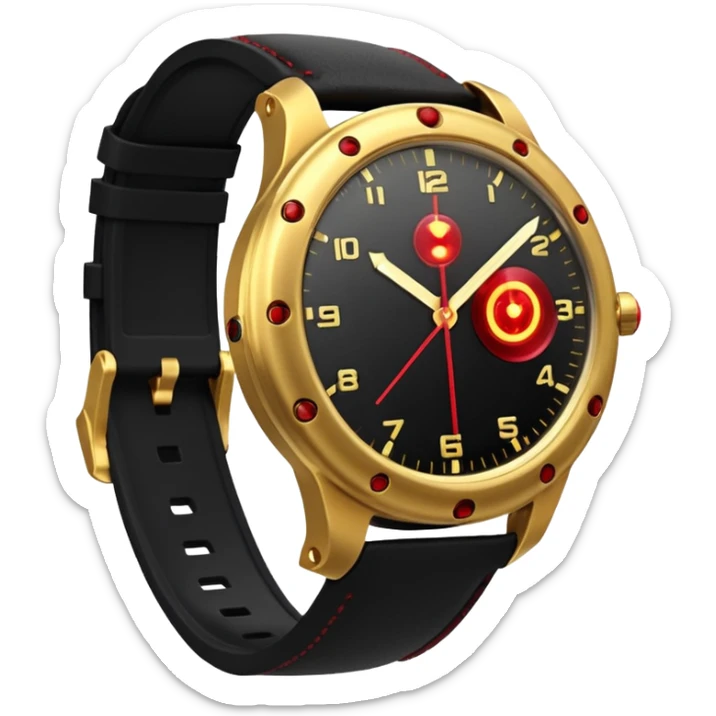 3D render of Laser Watch, secret agent spy gear aesthetic, hidden mechanisms, gold luxury wristwatch emitting a tiny red laser beam, sleek tactical texture, Apple emoji style, isolated on white background --v 6.0. sticker