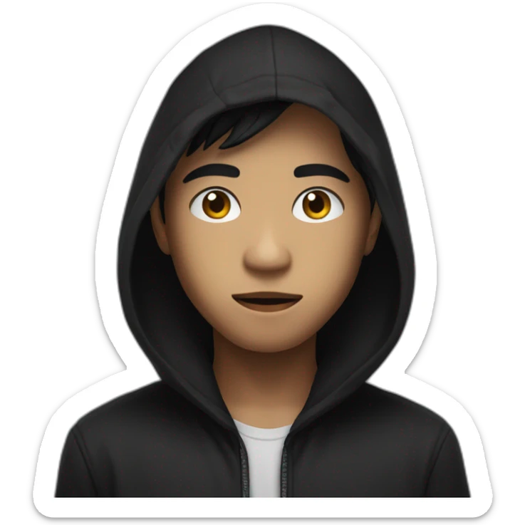 Makes a young filipino man of 19 with a dark look and moderately stretched eyes. Who wears a skull hood over his face. He also wears a black hooded vest. sticker
