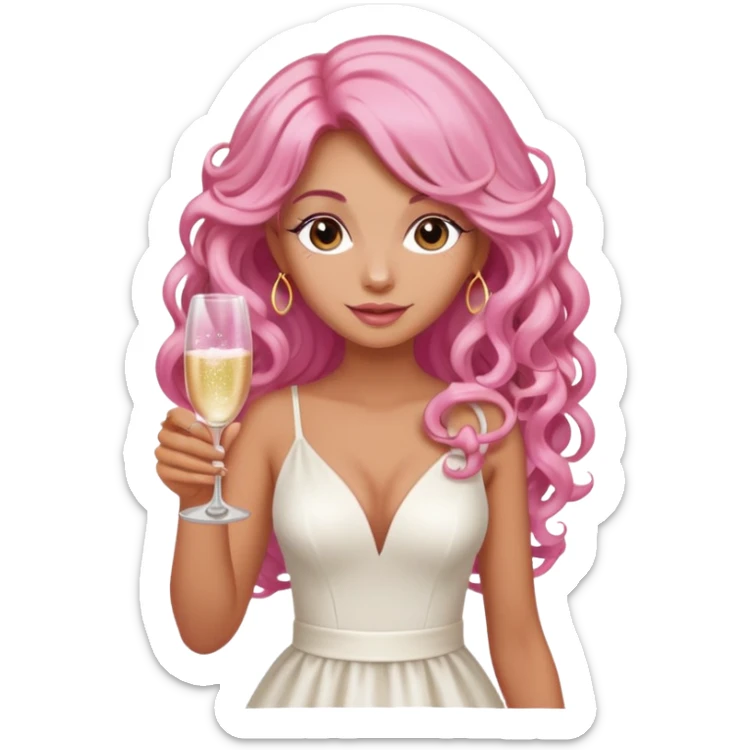 One lady with long pink curled hair and tan skin holding a glass of  pink champagne in each hand sticker