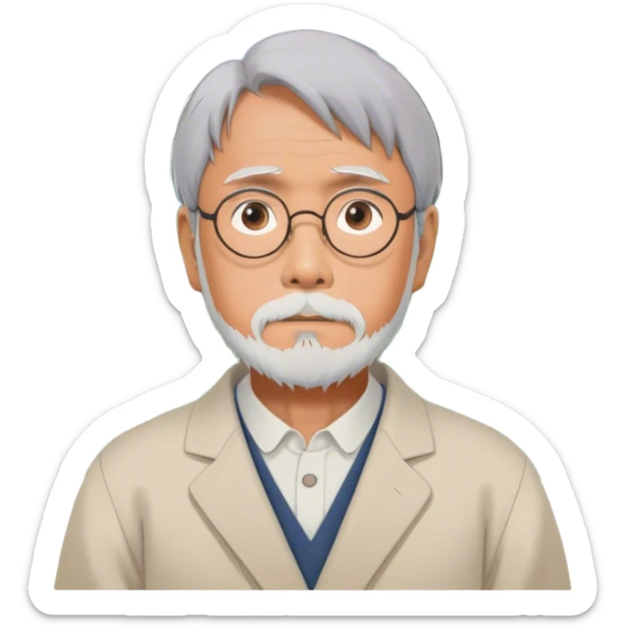 Hayao Miyazaki (filmmaker) – Cinematic Realistic Portrait of Hayao Miyazaki, portrayed with gentle, wise eyes and a thoughtful expression, set against a backdrop of whimsical sketches and animated landscapes reminiscent of Studio Ghibli, rendered with soft natural lighting and rich, detailed textures that evoke creative magic. sticker