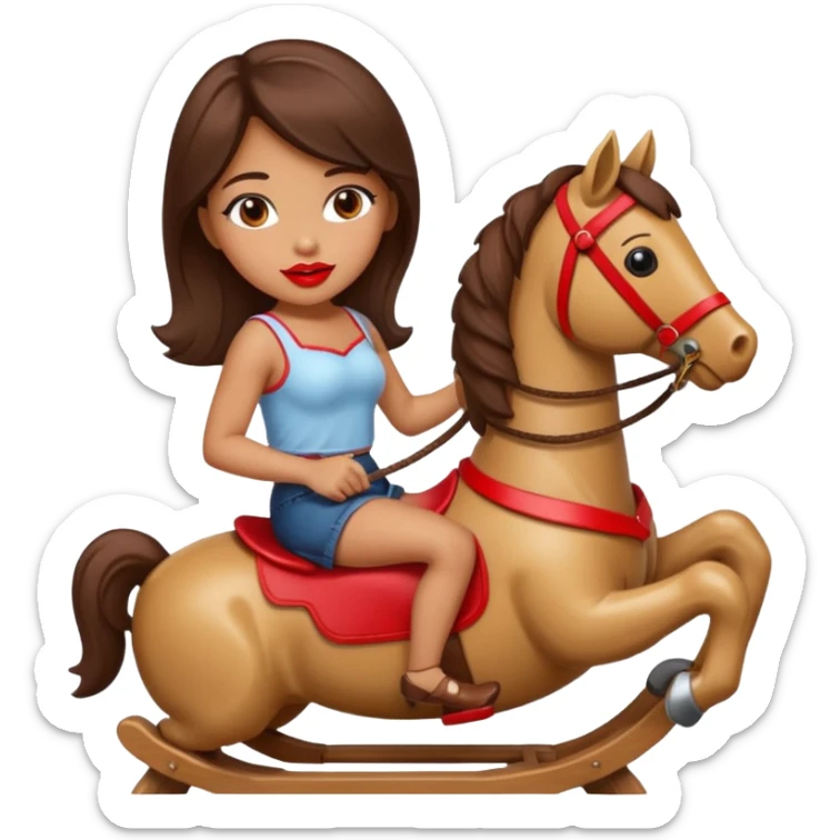 solarpunk - Seductive girl rides on a rocking horse and holds a huge lipstick sticker