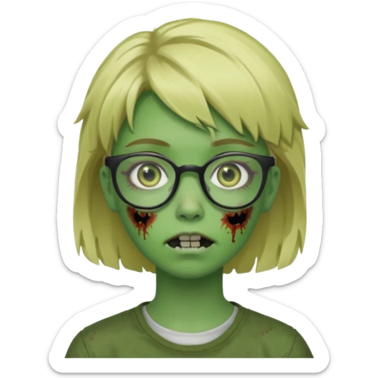 a green girl masc zombie with glasses and short blonde hair like a mullet sticker