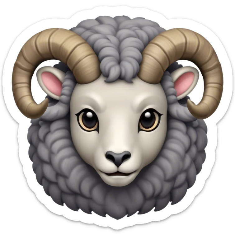 Cinematic Noble Ram Portrait Emoji, Poised and regal, with a sturdy, powerful build and a thick, woolly grey fur adorned with impressively curled horns, deep-set soulful dark eyes, Simplified yet sharp and sophisticated features, highly detailed, glowing with a soft, dignified glow, high shine, intelligent and commanding, stylized with an air of rugged majesty, focused and attentive, soft glowing outline, capturing the essence of a watchful and confident ram, so majestic it feels as though it could charge out of the screen with effortless authority! sticker