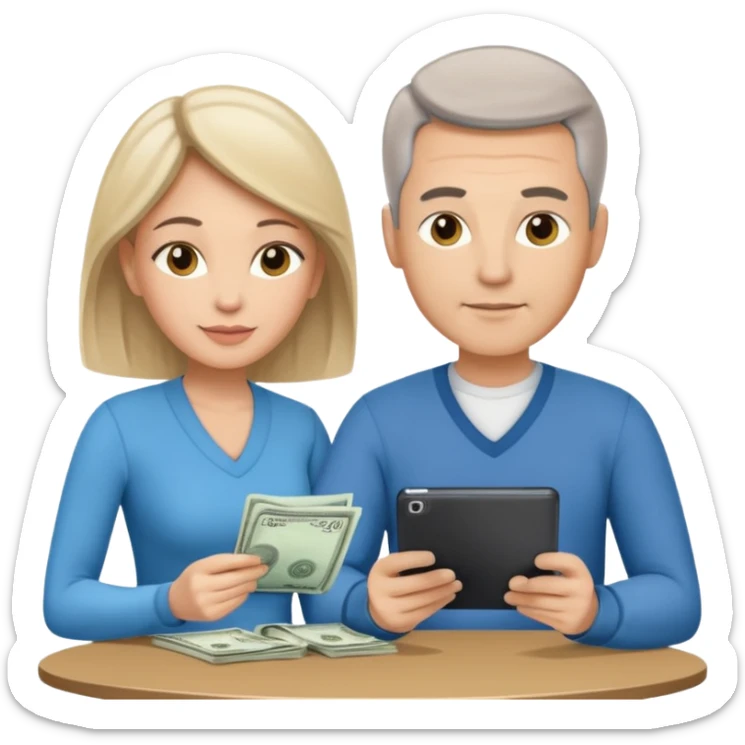 casually dressed stylish  looking husband and wife in their 40s avatars reviewing their finances together  sticker