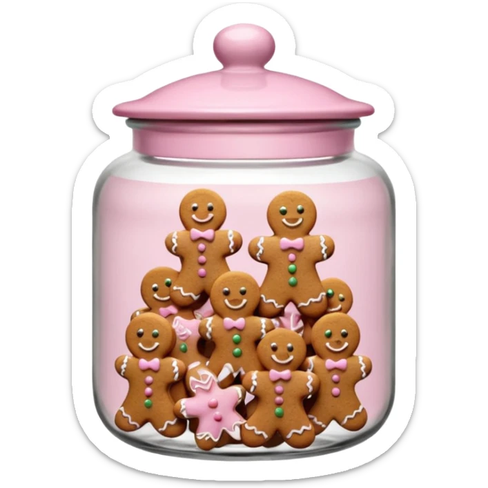 Realistic glass cookie jar with light pink lid full of gingerbread cookies isolated sticker