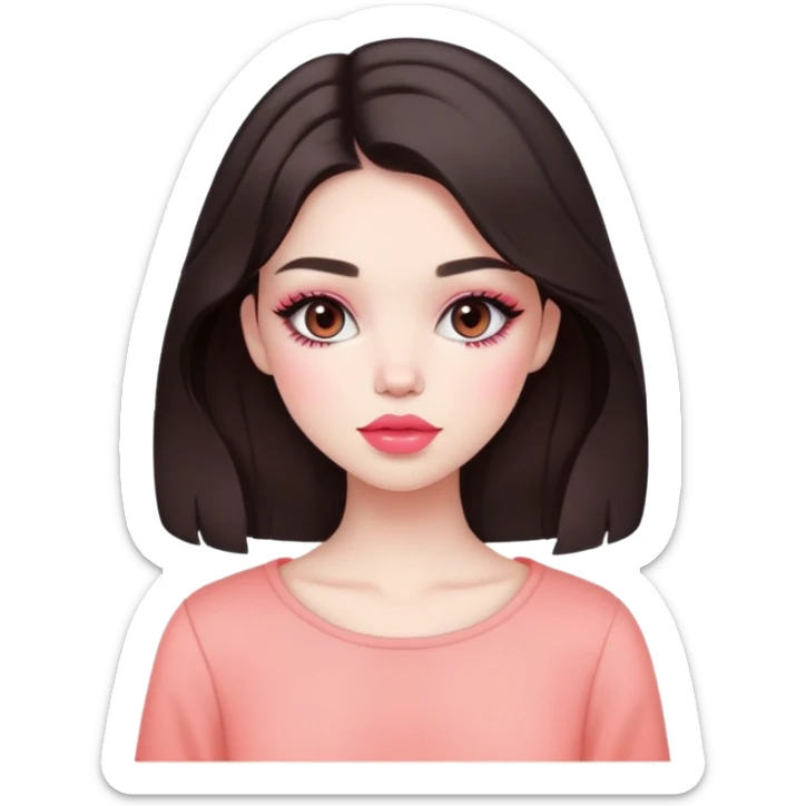 1 girl with pale light skin, dark brown hair, cute makeup coral pink blush coral pink lipstick, cute outfit sticker