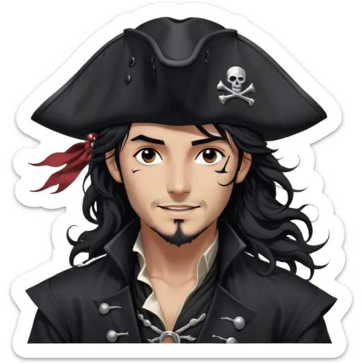 A charismatic pirate with wavy black hair tousled by the breeze. His silver-embroidered tricorn hat casts a shadow. He turns his head slightly, dark eyes glinting with mischief as he looks to the side, a knowing smile on his lips. His black coat, adorned with silver buttons, shifts with the wind sticker
