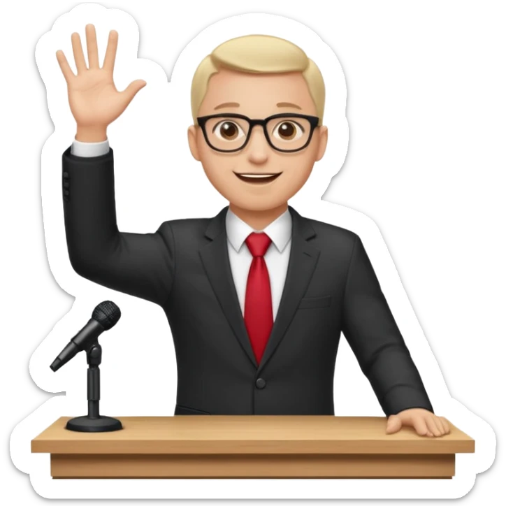A professional clean-shaven man in a dark business suit and red tie standing behind a wooden podium, speaking confidently. A small microphone is placed on the podium. The man has glasses, a friendly smile, and open hand gestures. Soft studio lighting, neutral dark background, realistic emoji style. sticker