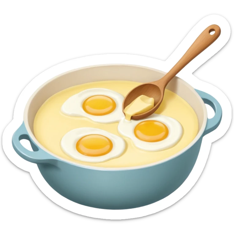 A carton of eggs, butter and a cream ceramic baking bowl with a wooden spoon in it sticker