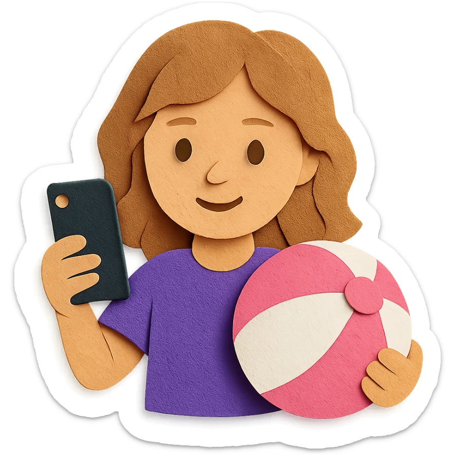 white girl with wavy hair holding her phone and a pink beach ball sticker