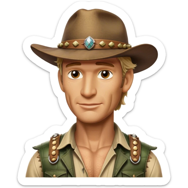 Cinematic Realistic Crocodile Dundee Pop Culture Emoji, depicted with rugged charm and adventurous spirit rendered with lifelike detail and cinematic lighting. sticker
